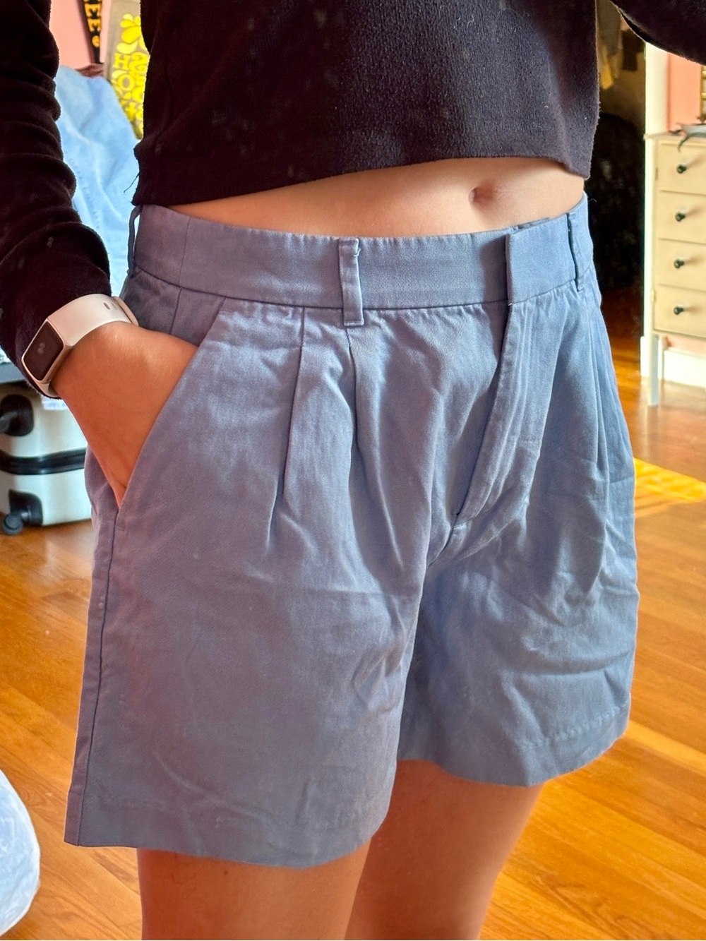 Women’s Light Blue Pleated Cotton Shorts